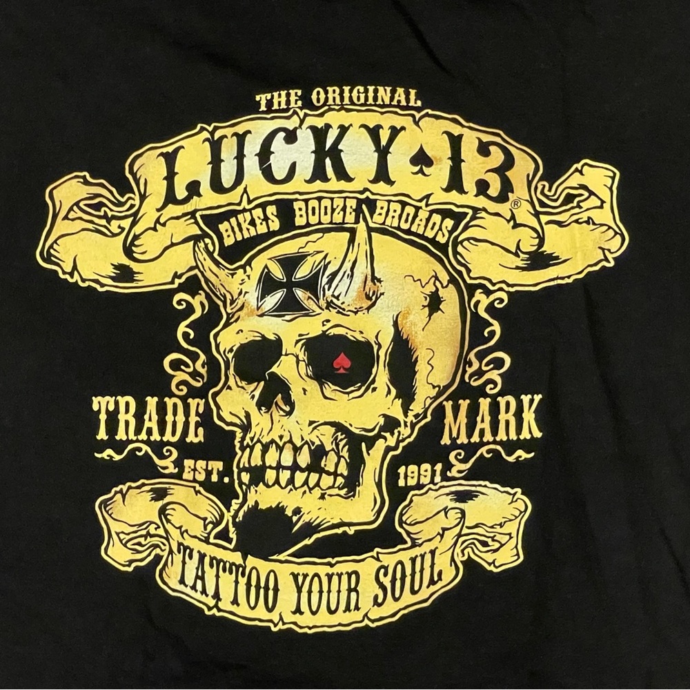 Vintage Lucky 13 Brand Men's Black and Gold Skull “Tattoo Your Soul” - like new